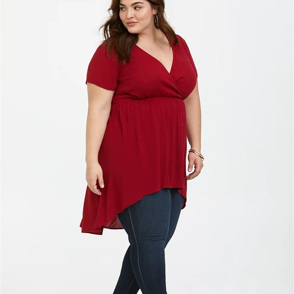 torrid Tops - Torrid Babydoll Gauze Surplice Tunic Top Hi-Lo Red Women's Plus Size 1 1X H13671